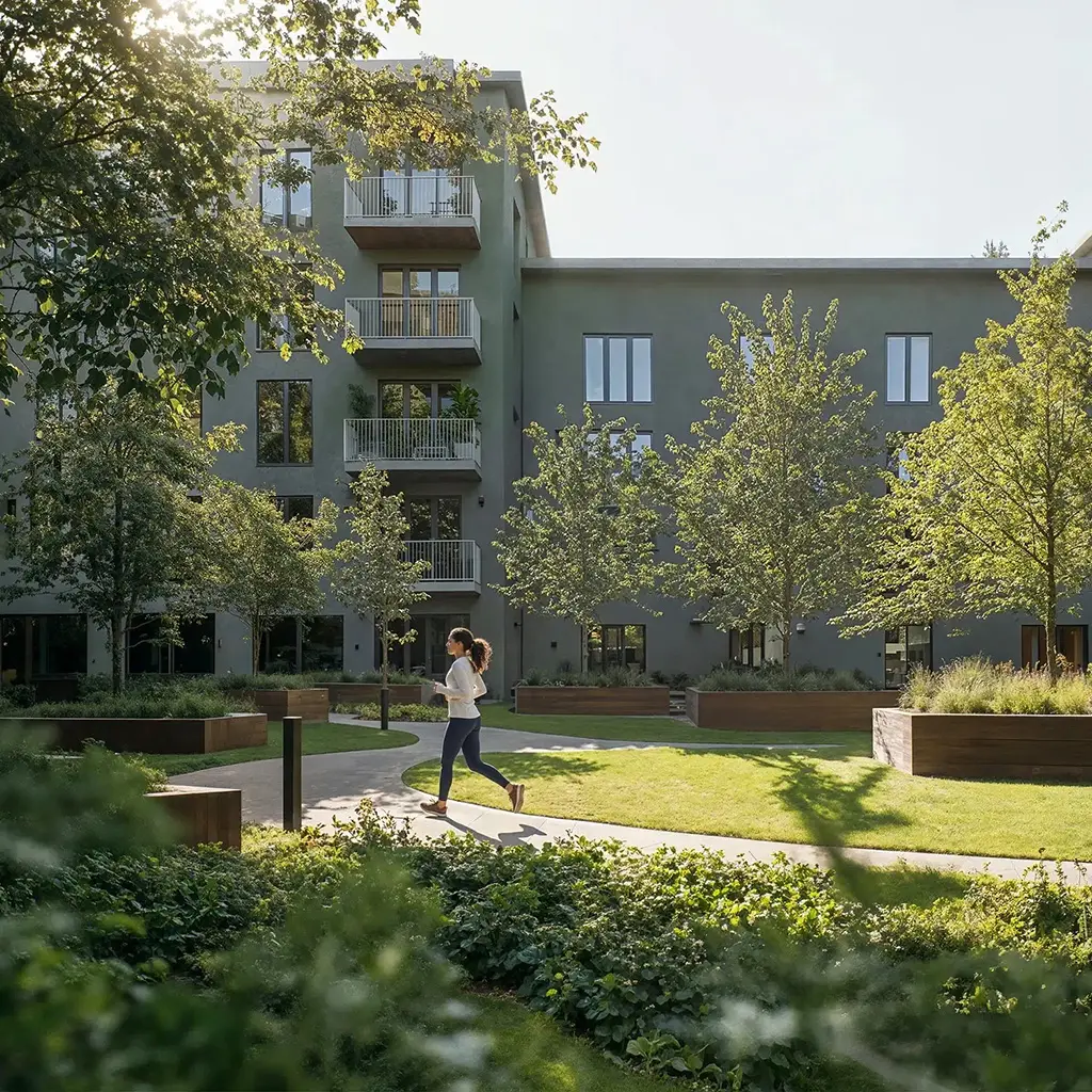 Joggerin im Park vom Quartier von Parkside Lerchenauer Feld Neubau Feldmoching